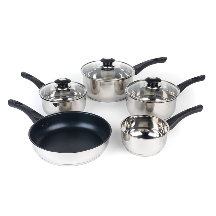 Set 4 cratite + tigaie Russell Hobbs, inox, 8 piese, 14 cm, 16 cm, 18 cm, 20 cm, 24 cm
