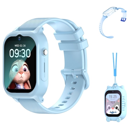 Set Smartwatch copii, 4G, cu GPS, monitorizare spion, buton SOS, slot cartela SIM, apel video, camera foto, mesaj vocal, waterproof, localizare precisa GPS+LBS, compatibil Android IOS, cu medalion si curea de rezerva cu protectie ceas, WIRSEN®, Albastru