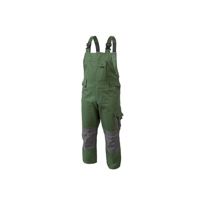 Pantaloni cu pieptar de lucru si protectie, Ruwer, bretele ajustabile, buzunare pentru genunchiere, verde, posibilitatea extinderii picioarelor pantalonilor, elemente reflectorizante, marimea M