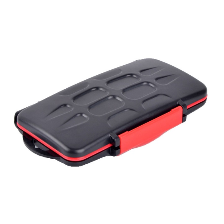 Carcasa de protectie pentru carduri SD, TF, BOMSTOM, 24 Sloturi, IPX 5, Rezistenta la cadere, Negru/Rosu