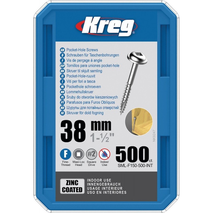 Holsuruburi KREG Pocket-Hole, zincate, 38 mm, filet fin, cap bombat, Maxi-Loc, 500 bucati