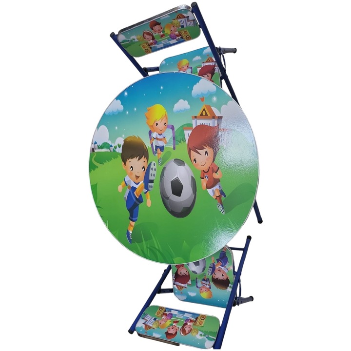 Masa cu scaune pliabile pentru copii YUPY, 2 niveluri de inaltime, suprafata lucioasa, Model Fotbal, diametru 60cm