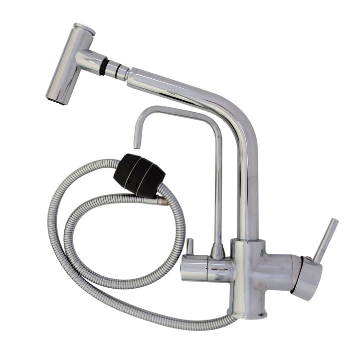 Baterie bucatarie cu 3 cai pentru filtru de purificare apa, cu furtun retractabil, Aquator, crom