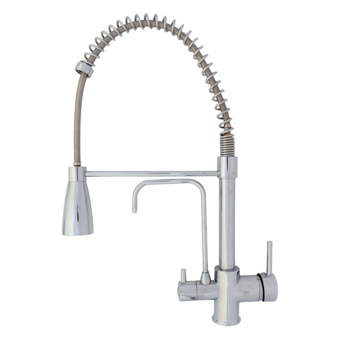 Baterie bucatarie cu 3 cai pentru filtru de purificare apa, cu furtun retractabil, 540 mm, Aquator, argintiu nichelat