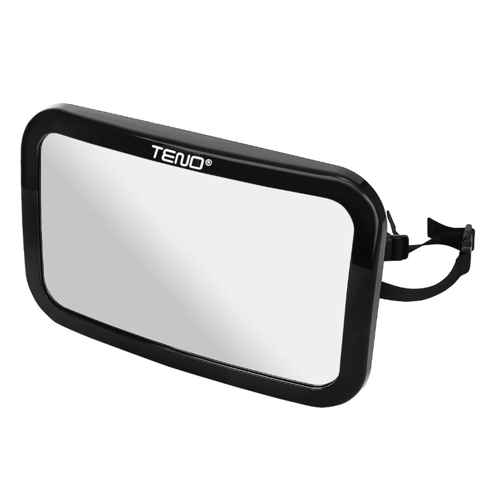 Oglinda Auto pentru Supraveghere Bebe, Teno, fixare tetiera, anti-alunecare, rotire 360 grade, curele reglabile, convexa, 30x20 cm, negru