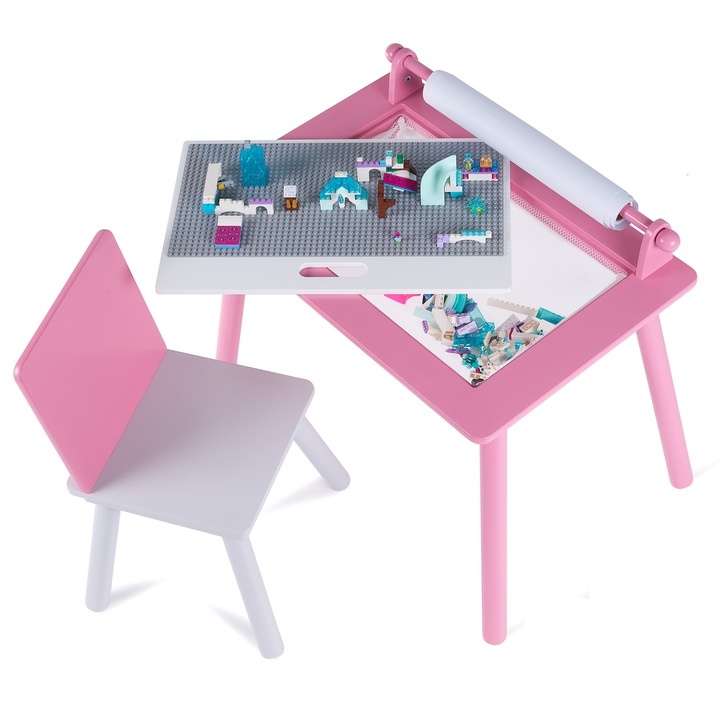 Birou copii cu scaunel Suporto, Roz, Masa cu Tabla compatibila LEGO, din MDF, Rola de desen, Spatiu de depozitare, Blat reversibil