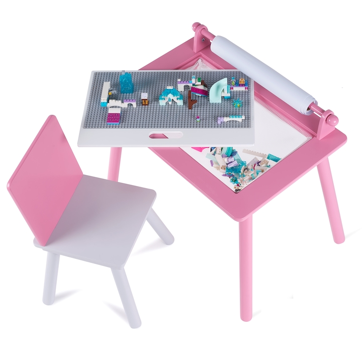Birou pentru copii cu Scaunel, Suporto, Blat reversibil cu tabla LEGO, Rola de desen si Spatiu de depozitare, din MDF, Varsta 3-6 ani, Roz, 60 x 40 x 44 cm