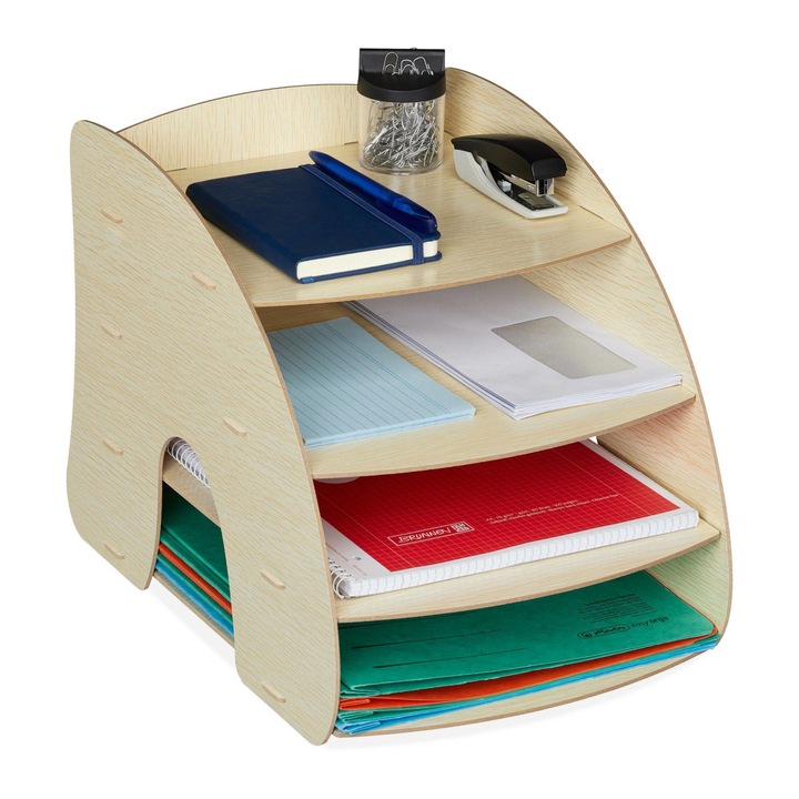 Suport pentru documente, cu 4 compartimente, MDF, format A4, maro deschis, 27 x 25 x 34 cm