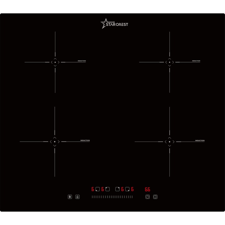 Plita incorporabila STARCREST SIH-6060, Inductie, 4 Zone de gatit, Touch Control, Booster, Timer, Sticla Neagra
