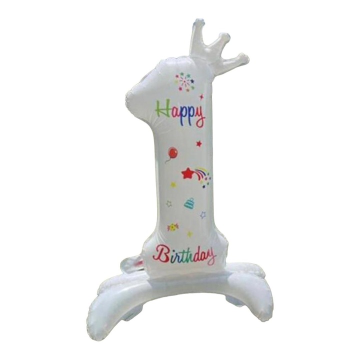 Фолиев балон номер 1, със стойка, Happy Birthday, 80 см, многоцветен