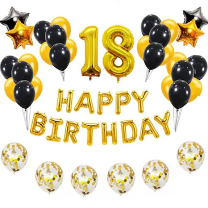 Set 44 baloane majorat, 18 ani, Happy Birthday, confetii, Auriu, 1 metru