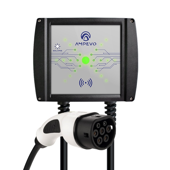 Statie incarcare masini electrice integrabila in sisteme fotovoltaice AMP107T2GC-SOL, 7.4 kW, curent setabil 8-32 A, cablu de incarcare Type 2, Wi-Fi, AMPEVO Solaris