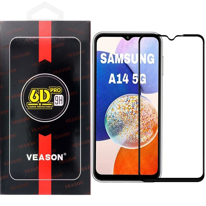 Samsung Galaxy A14 4G / A14 5G kompatibilis üvegfólia, előlapi, edzett, hajlított, fekete kerettel, Veason 6D Pro