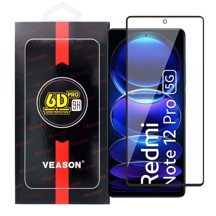 Xiaomi Redmi Note 12 Pro 5G / Note 12 Pro Plus 5G (Pro+ 5G) / Poco X5 Pro kompatibilis üvegfólia, előlapi, edzett, hajlított, fekete kerettel, Veason 6D Pro