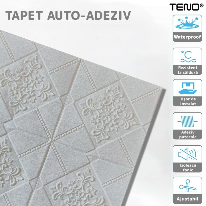 Set 20x Tapet 3D Teno®, suprafata acoperire 9.8 mp, autoadeziv, perete/tavan, model floral, waterproof, usor de montat, design modern, 70x70 cm, gri