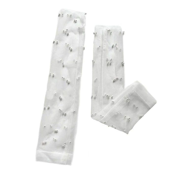 Manusi fara degete CLASStitude, din voal decorat cu perle, elegante, lungi, peste cot, pentru mireasa romantica / vintage, marime universala, Alb