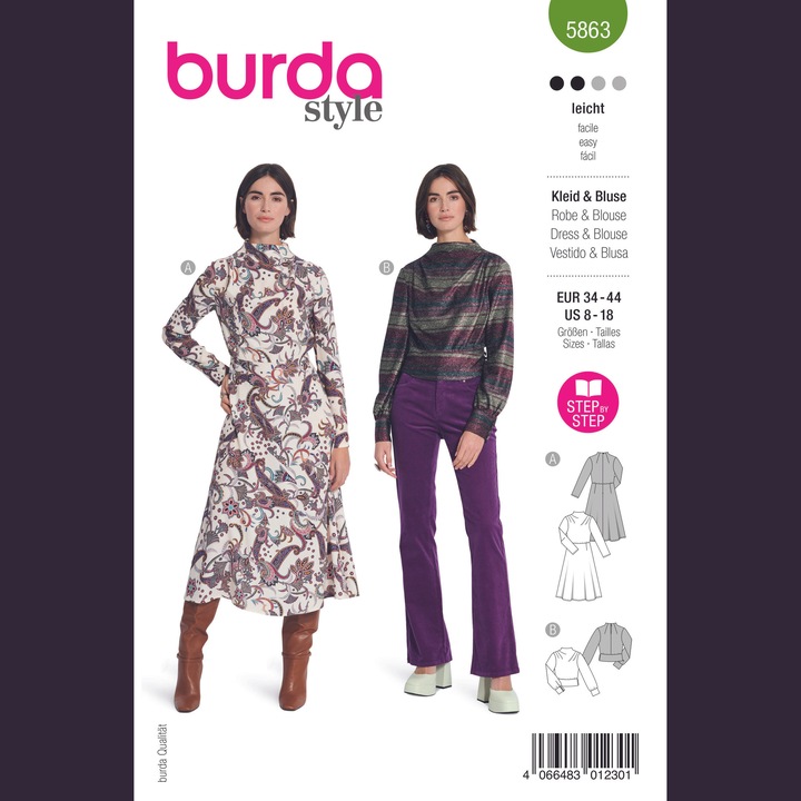 Tipar bluza/rochie cu decolteu in valuri si maneci stramte, pentru femei, in 2 variante, multi-masura 34 - 44, Burda Style 5863