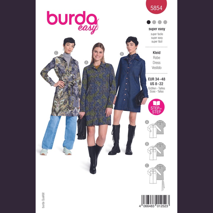 Десен на рокля с копчета и яка, с ръкави и средна дължина за жени Рокли, в 3 варианта, различни размери 34 - 48, Burda Style 5854