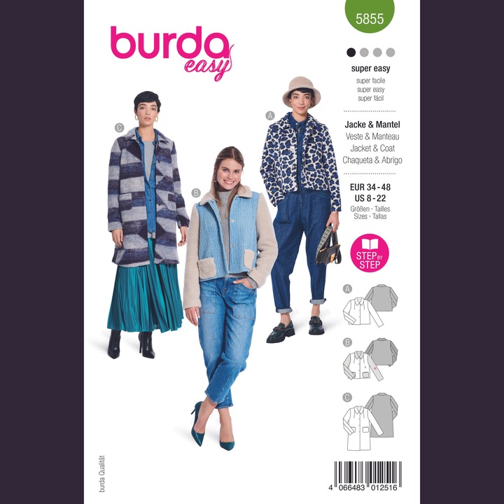 Tipar jacheta cu guler larg, nasturi si buzunare frontale, diverse lungimi, pentru femeiJachete paltoane, in 3 variante, multi-masura 34 - 48, Burda Style 5855