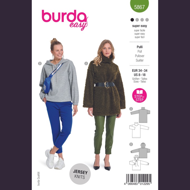 Tipar top lejer cu/fara gluga si diverse lungimi, pentru femei, in 2 variante, multi-masura 34-44, Burda Style 5867