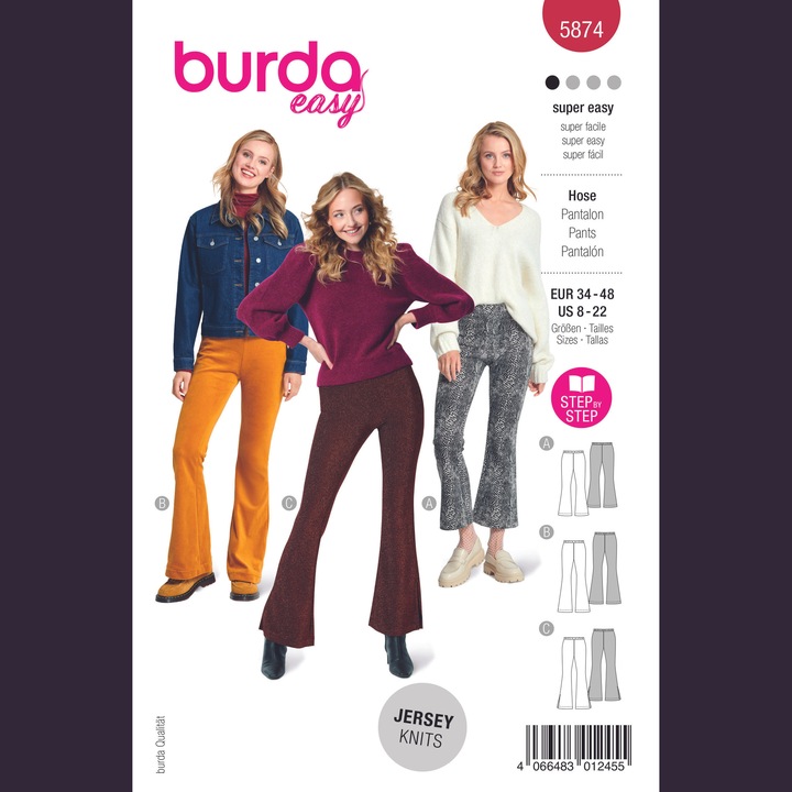 Шивашки шаблон за клоширани панталони, различни дължини, за жени Панталон, в 3 варианта, различни размери 34 - 48, Burda Style 5874