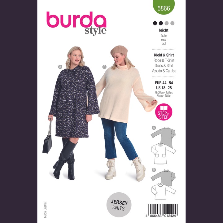 Tipar bluza cu cordon, maneci in diverse marimi si buzunare frontale, pentru femei, in 2 variante, multi-masura 44 - 54, Burda Style 5866