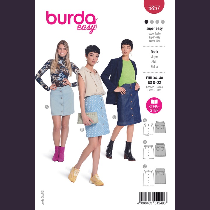 Десен на пола с предни копчета и задни джобове, за жени Поли, в 3 варианта, различни размери 34 - 48, Burda Style 5857