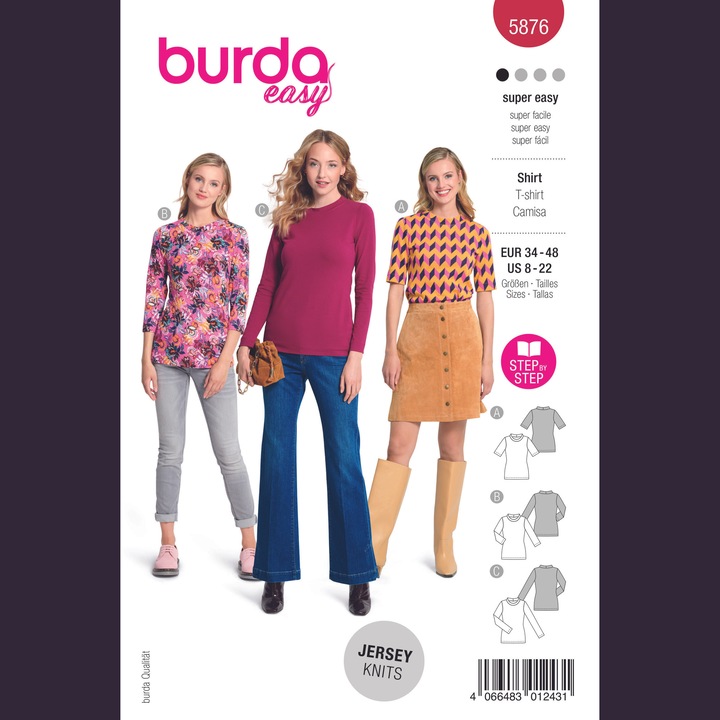 Tipar bluza simpla si eleganta, cu maneci de diverse marimi, pentru femeiBluze, in 3 variante, multi-masura 34 - 48, Burda Style 5876