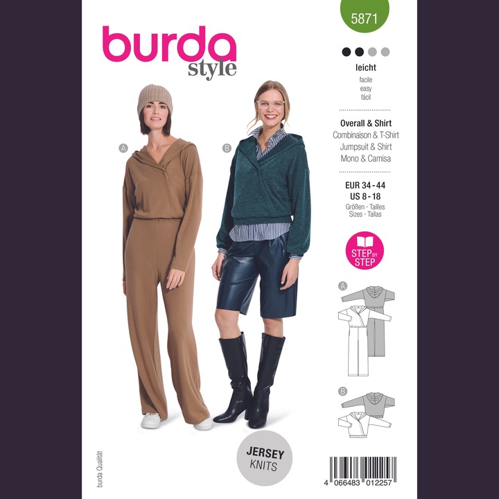 Шаблон за шиене, гащеризон/блуза със свободно деколте и качулка, за жени, в 2 варианта, различни размери 34 - 44, Burda Style 5871