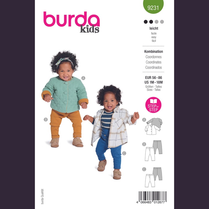 Кройка шаблон на панталон и ватирано яке с копчета за деца Детски, в 3 варианта, мултиразмер 56 - 86, Burda Style 9231