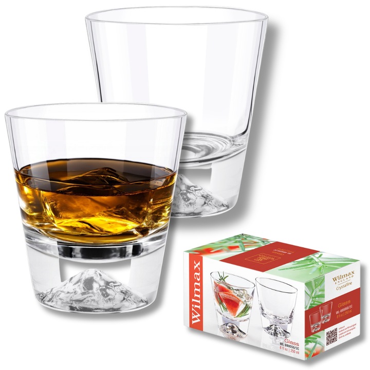 Set Pahare whisky cristal, 2 piese, Crystalline, Sticla Transparenta, 250 ml, pentru coniac, palinca, whiskey, Wilmax England