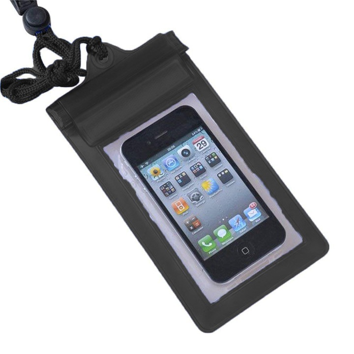 Husa Protectie Subacvatica pentru telefon cu diagonala maxim 7.0 inch sau documente, Ultra Safe, Universala, Snur prindere, Impermeabila, Waterproof, Negru