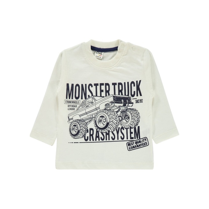 Bluza Monster Truck baietel, maneca lunga, 100% bumbac, Alb, Alb