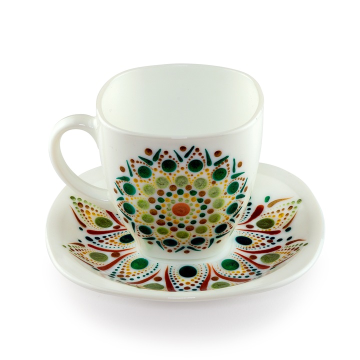 Set Ceasca & Farfurie Alb, Pictat Mandala Verde-Auriu, YoobirimBox Handmade, 200 ml