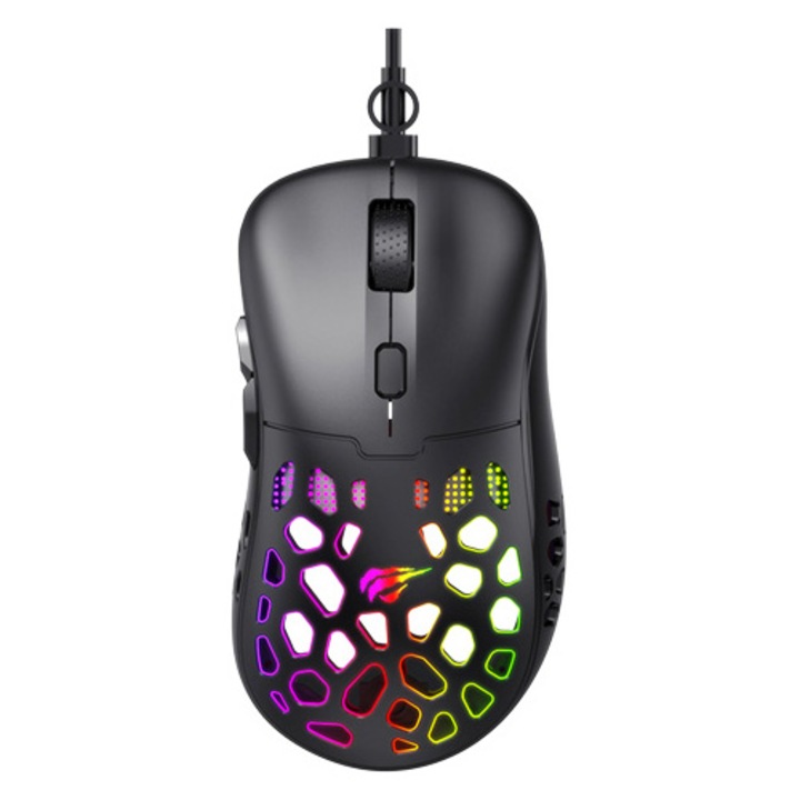 Мишка Gaming HAVIT MS955, RGB осветление, 10000 dpi, 6 бутона, програмируеми, Чип Pixart PMW3325, Honeycomb дизайн, Ултра лека, USB, Черен