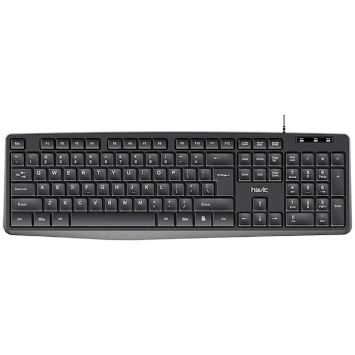 Tastatura office HAVIT KB2006, US layout, 104 taste, slim design, USB, negru