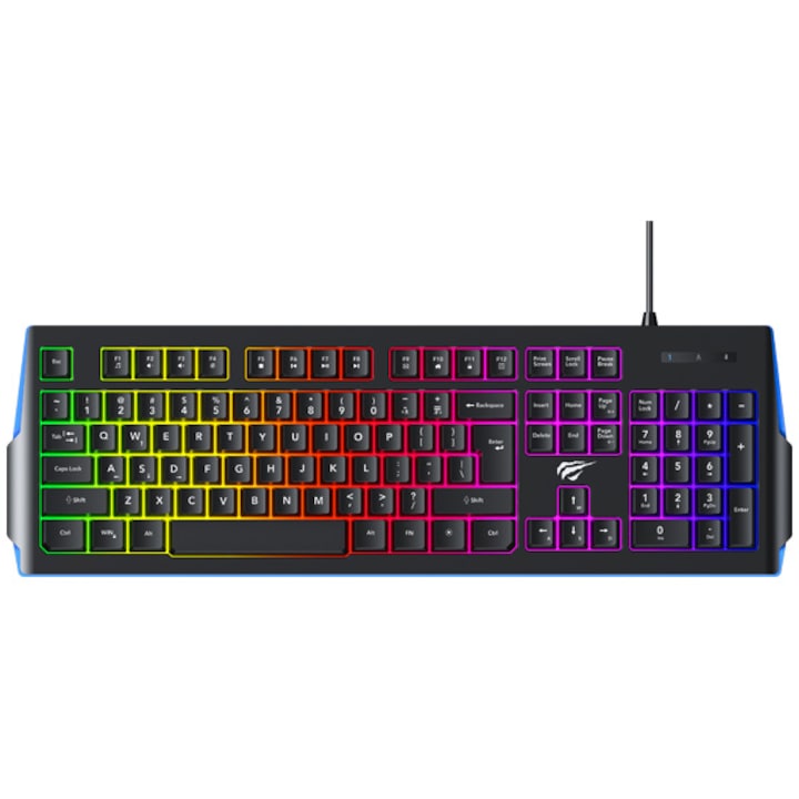 Tastatura gaming HAVIT KB866L, US layout, 104 taste, iluminare rainbow, 19 taste anti-ghosting, USB, negru/albastru