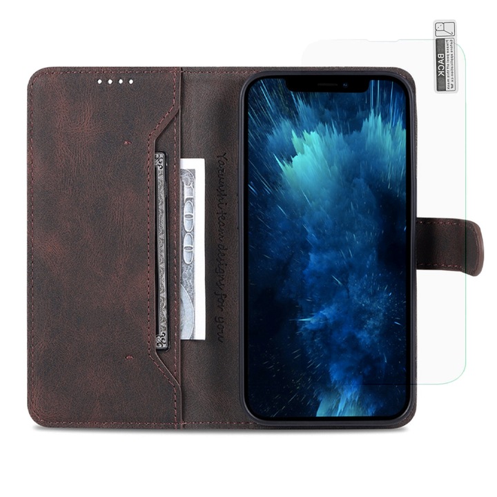 Pachet Husa Tip Carte din piele PU si Folie Ecran Sticla Securizata 2.5D compatibila cu Apple Iphone 13 Pro, Matte Leather Design, Suport card, Functie de Stand si Inchidere Magnetica, Proficient Protection, Maro