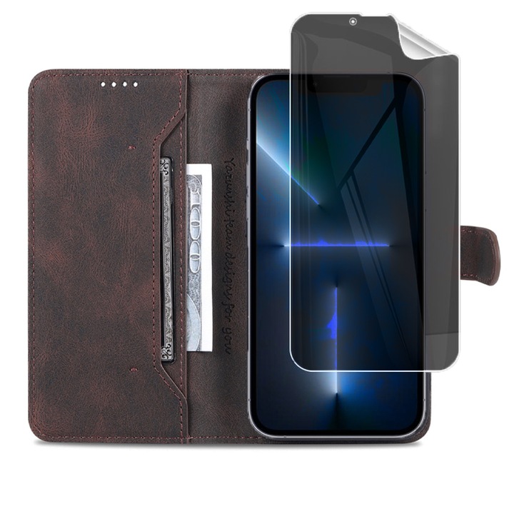 Pachet Husa Tip Carte din piele PU si Folie Ecran Hydrogel Privacy compatibila cu Apple Iphone 13 Pro, Matte Leather Design, Suport card, Functie de Stand si Inchidere Magnetica, Proficient Protection, Maro