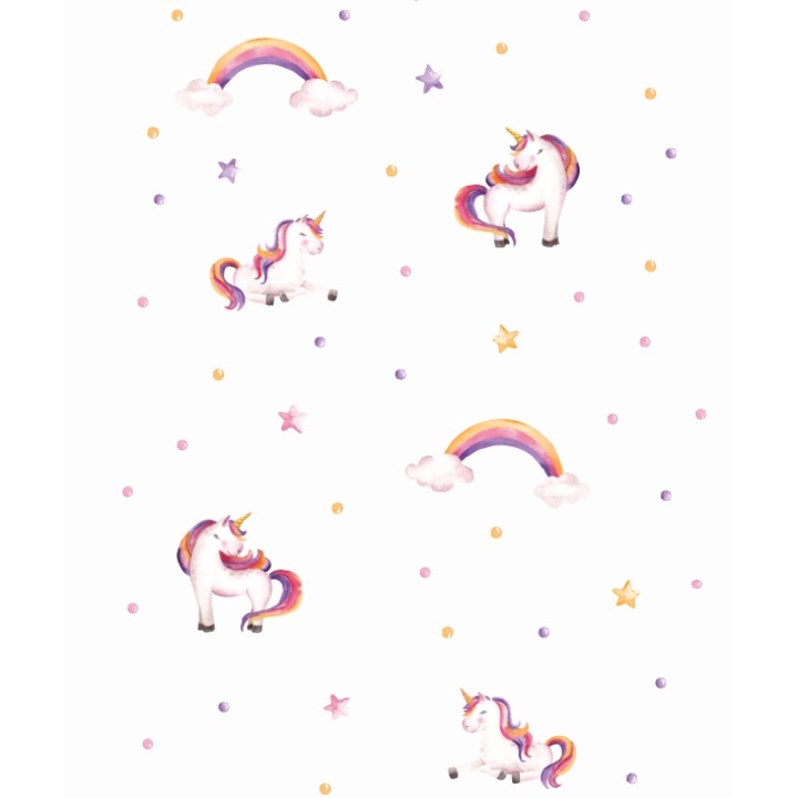 Sticker decorativ perete copii, Unicorni, 60x90 cm, Material Textil Premium, fara PVC, Non-toxic, Repozitionabil, Rezistent, Cerneala pe baza de apa