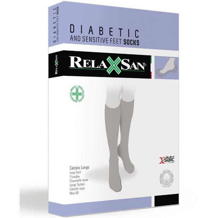 Ciorapi pentru diabetici Relaxsan Calzino Lungo, cu fibre de Argint X-Static, unisex, fara compresie, Negru, M4