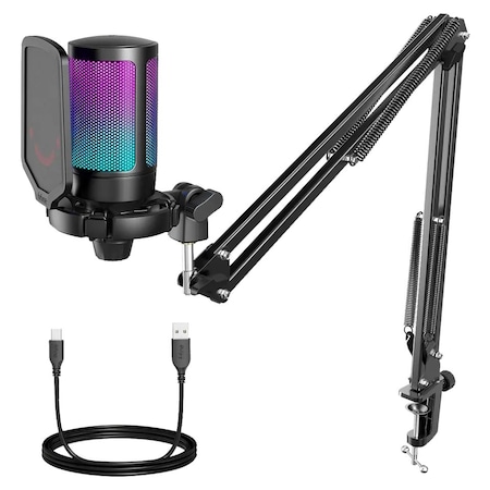 Microfon Professional pentru Inregistrari Live, Streaming, YouTube, Podcast, Gaming, Brat Ajustabil, Casti, Conexiune USB si USB C, Filtru pop, Cardioid, Anulare Inteligenta a Zgomotului, Buton Mute, Negru, Iluminare RGB, pentru Windows, Mac, PS4, PS5