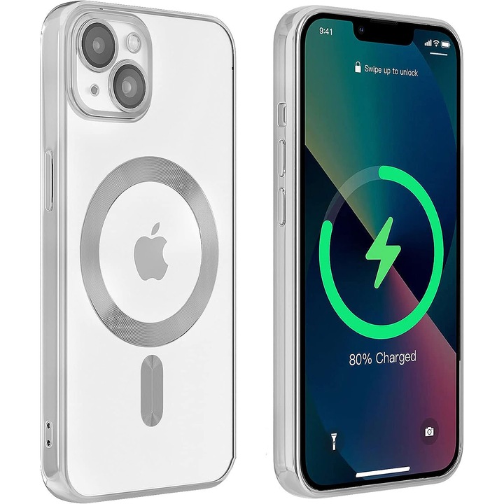 Prémium luxus Magsafe tok, kompatibilis iPhone 14-el, Ütésálló, átlátszó ezüst élekkel
