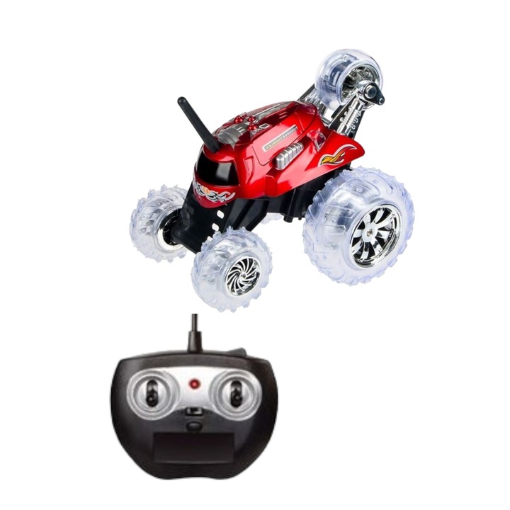 Кола с дистанционно управление, Monster Spinner със светлини за деца, 1:16 / 27MHz, въртене на 360 градуса, Червена, 20x15.5x17.5cm, 6 години+