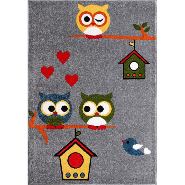 Gyerekszobai szőnyeg Covorexpert Owls 11205-190 modell, Méret 200 x 300 cm, Szürke, Szálhossz 9 mm, Antiallergén, Polipropilén, Óvoda, Bölcsőde, Játszótér