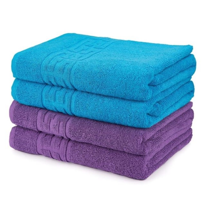 Комплект 4 кърпи за ръце, памук, двуцветни, гръцки бордюр, 500g/m², 30x50cm, тюркоазено-лилаво