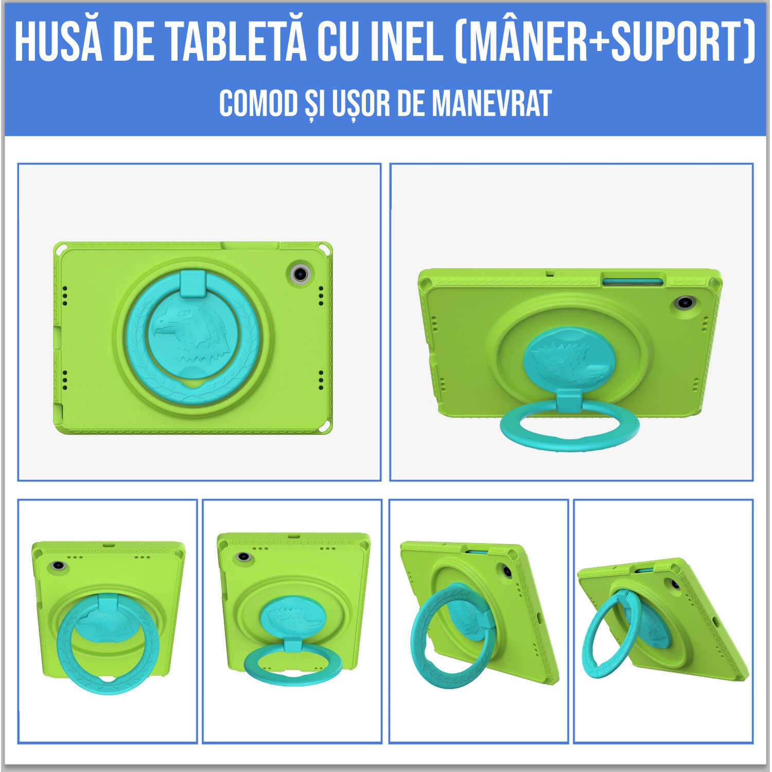 Husa protectie tableta fata/spate pentru copii, compatibila cu Samsung Galaxy TAB A7 Lite 8.7" T220/T225, TAB A 8" T290/295 2019, cu suport-inel, spuma, Ideas4Comfort, verde