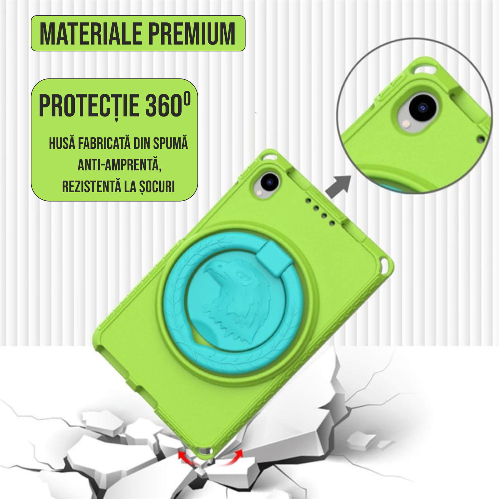 Husa protectie tableta fata/spate pentru copii, compatibila cu Samsung Galaxy TAB A7 Lite 8.7" T220/T225, TAB A 8" T290/295 2019, cu suport-inel, spuma, Ideas4Comfort, verde