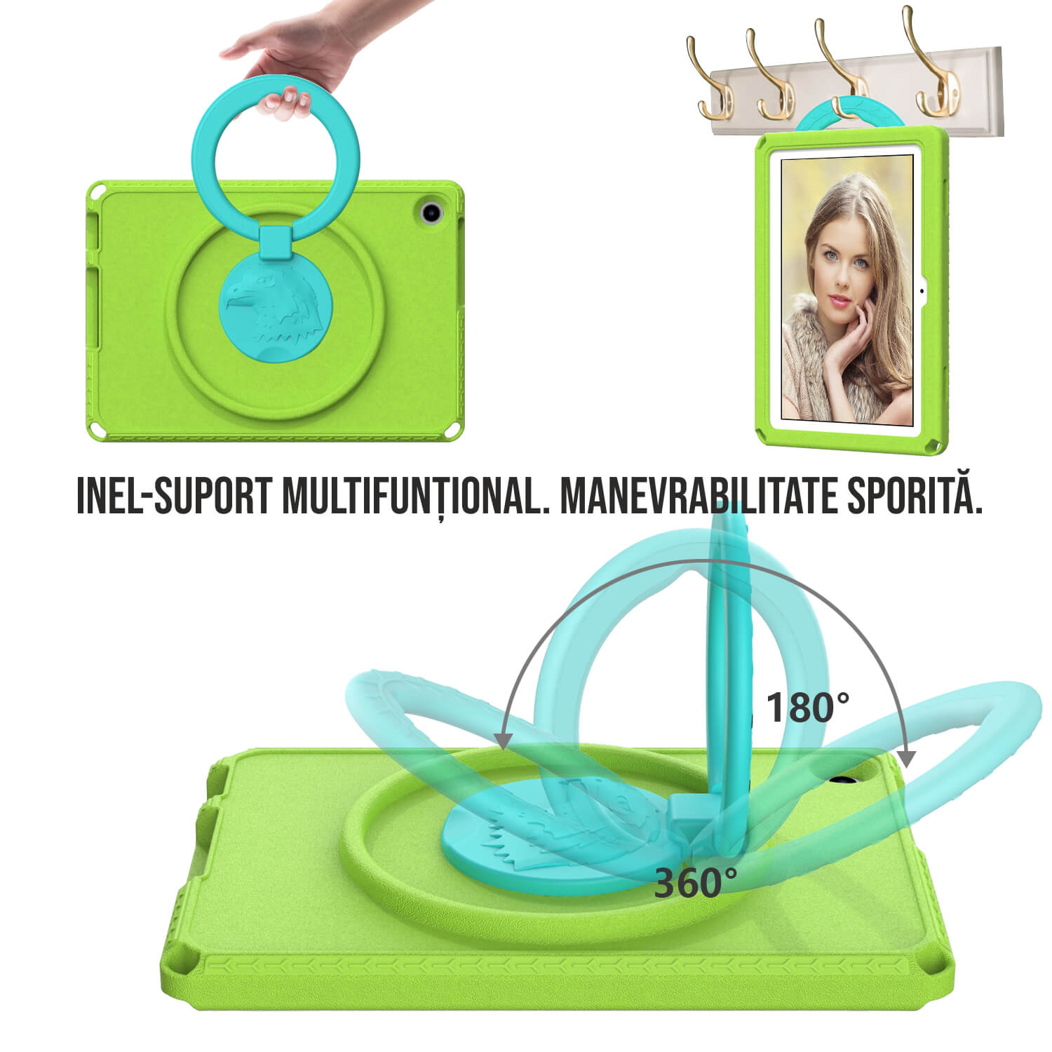 Husa protectie tableta fata/spate pentru copii, compatibila cu Samsung Galaxy TAB A7 Lite 8.7" T220/T225, TAB A 8" T290/295 2019, cu suport-inel, spuma, Ideas4Comfort, verde