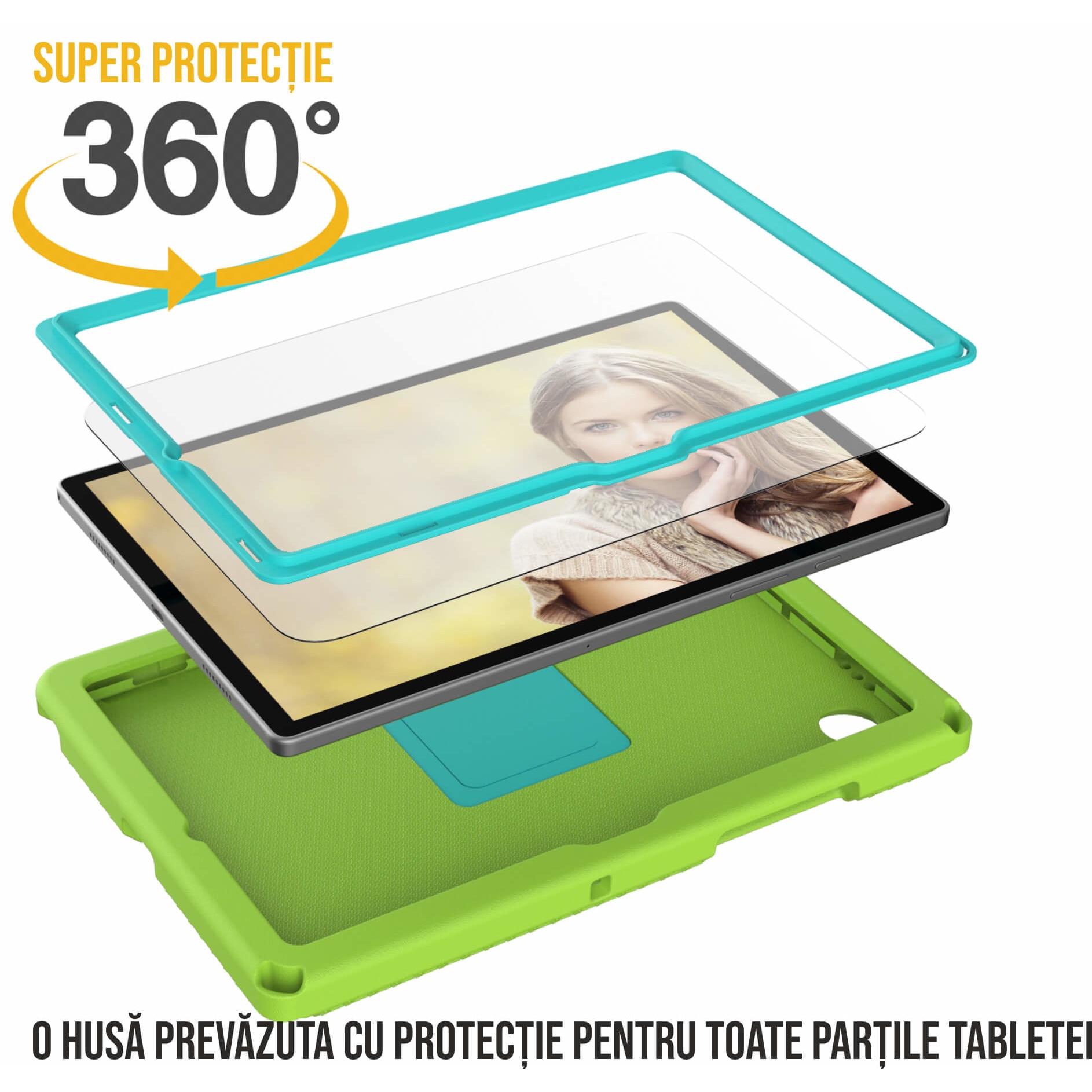 Husa protectie tableta fata/spate pentru copii, compatibila cu Samsung Galaxy TAB A7 Lite 8.7" T220/T225, TAB A 8" T290/295 2019, cu suport-inel, spuma, Ideas4Comfort, verde